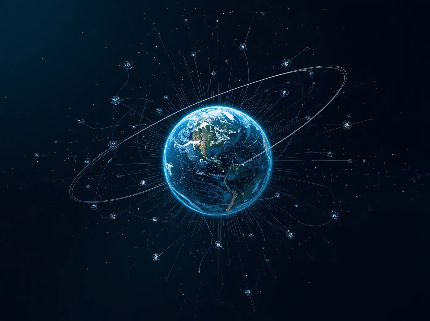 地球と衛星軌道を重ねたグローバルネットワークのイメージ